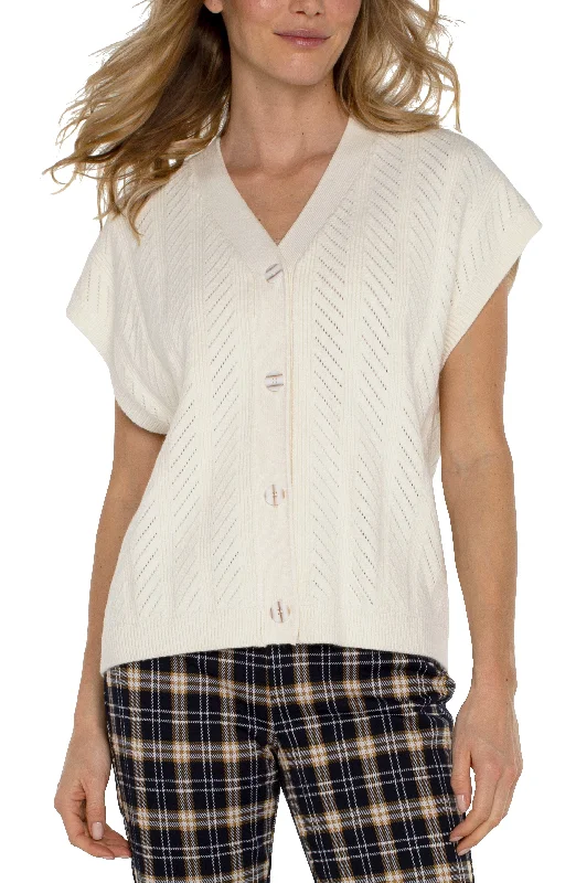 SLEEVELESS CARDI BUTTON FRONT SWEATER VEST - CREAM Fleece Fabric Down Fabric Feather Fabric SLEEVELESS CARDI BUTTON FRONT SWEATER VEST - CREAM Fleece Fabric Down Fabric Feather Fabric