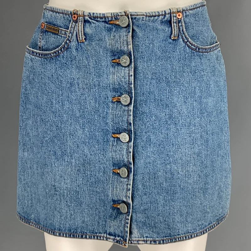 CALVIN KLEIN Size 8 Blue Cotton Button Down Mini Skirt satin skirt smooth