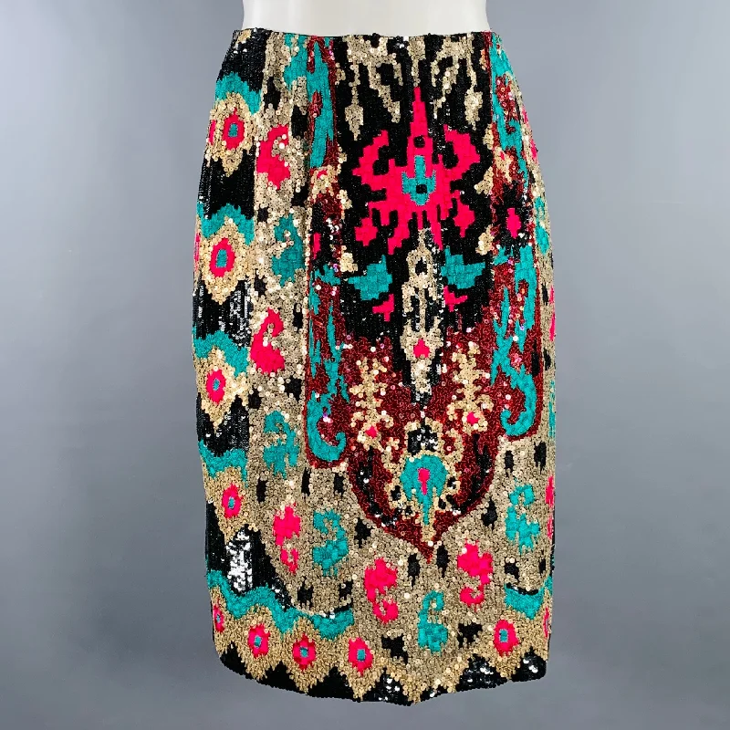 NAEEM KHAN Size S Black Pink Green Sequined Pencil Below Knee Skirt wool skirt warm