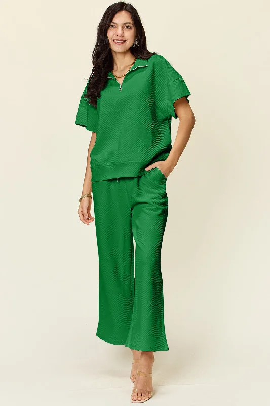 Hazel Blues® | Double Take Texture Half Zip Short Sleeve Top and Pants Set Classic Stretch Pants Hazel Blues® | Double Take Texture Half Zip Short Sleeve Top and Pants Set Classic Stretch Pants