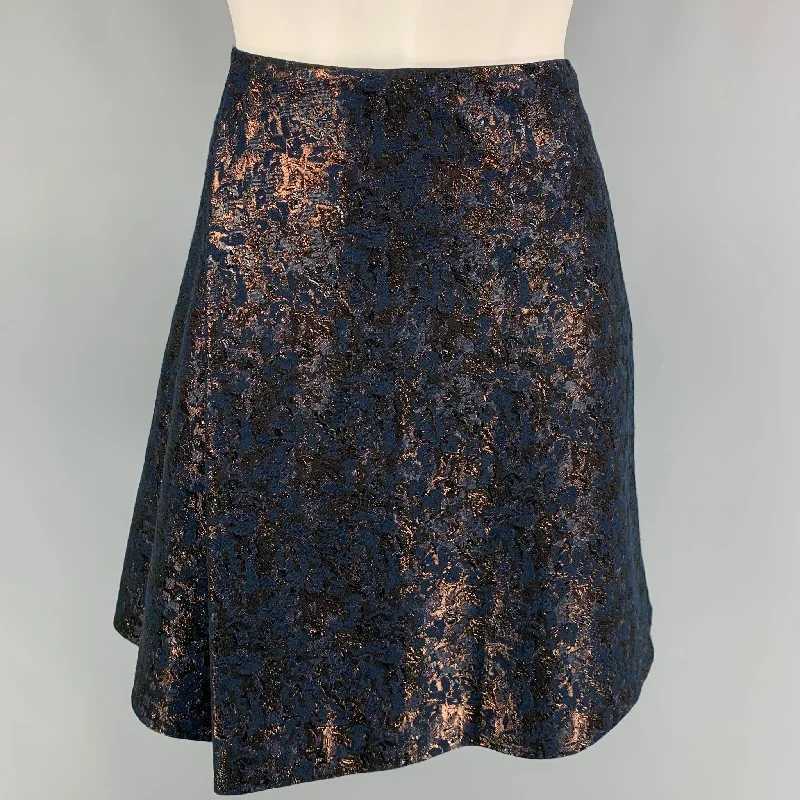 3.1 PHILLIP LIM Size 4 Navy Copper Jacquard Floral Skater Above Knee Skirt elastic waist skirt