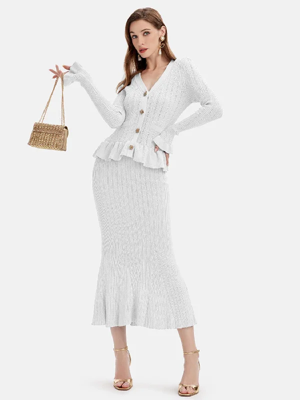 Ruffled V-Neck Top and Midi Skirt Sweater Set Polka Dot Checkered Tartan