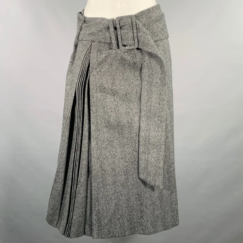 ROKH Size 4 Grey Wool Herringbone Belted A-Line Skirt denim skirt classic