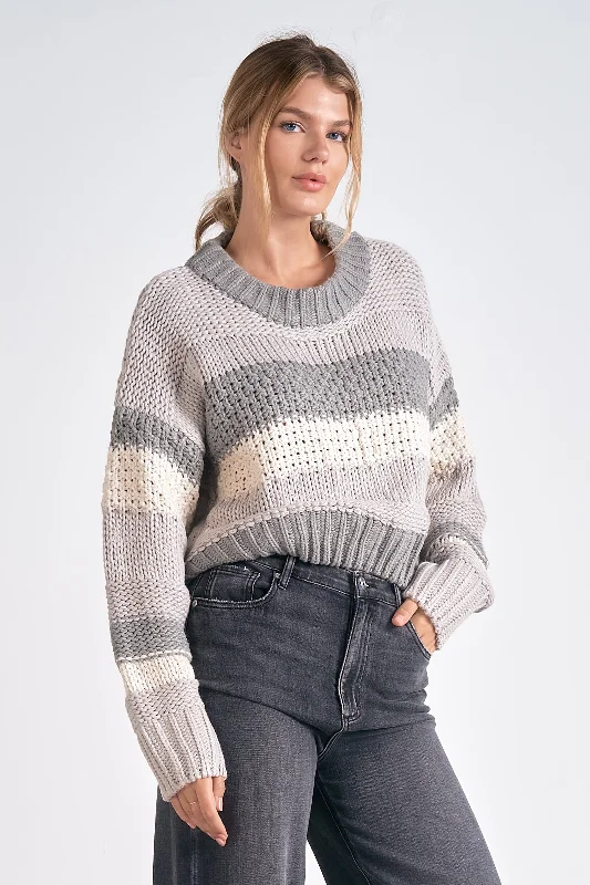 LONG SLEEVE CREW NECK CROPPED SWEATER - GREY STRIPE Collared Crew Neck Turtle Neck