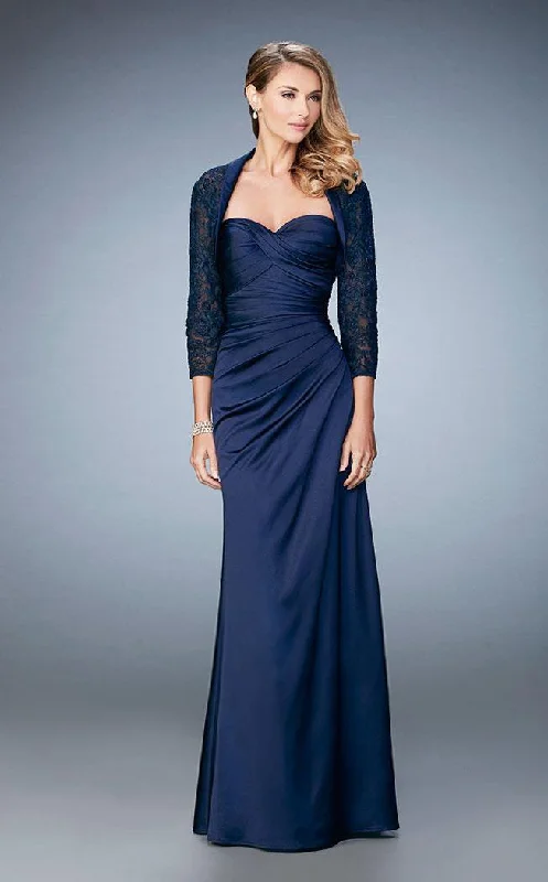 La Femme Strapless Ruched Sheath Gown with Jacket 21776 Front Pockets Side Pockets Patch Pockets La Femme Strapless Ruched Sheath Gown with Jacket 21776 Front Pockets Side Pockets Patch Pockets