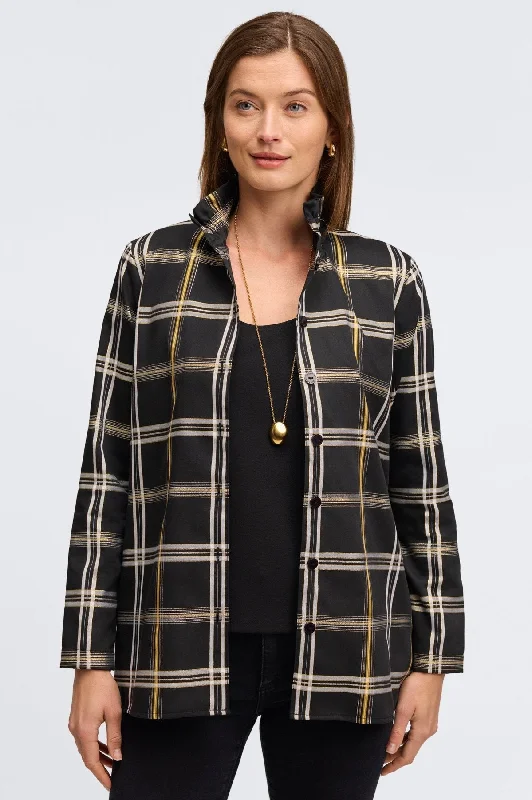 Carolina Gold & Silver Lurex Plaid Long Sleeve Shirt Jacket Snapped Jacket Toggled Jacket Drawstring Jacket Carolina Gold & Silver Lurex Plaid Long Sleeve Shirt Jacket Snapped Jacket Toggled Jacket Drawstring Jacket