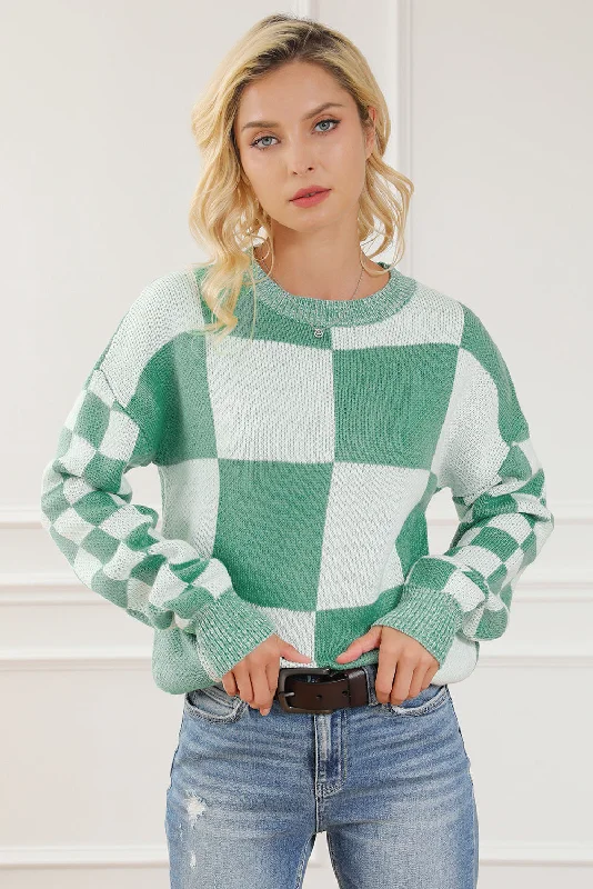 Checkered Drop Shoulder Long Sleeve Sweater Zippered Front Buttoned Front Snap Front Checkered Drop Shoulder Long Sleeve Sweater Zippered Front Buttoned Front Snap Front