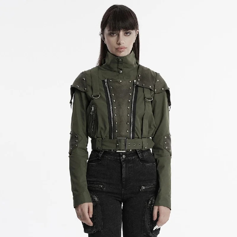 Women's Punk Military Stand Collar Faux Leather Splice Jacket Anorak Shell Jacket Lightweight Jacket