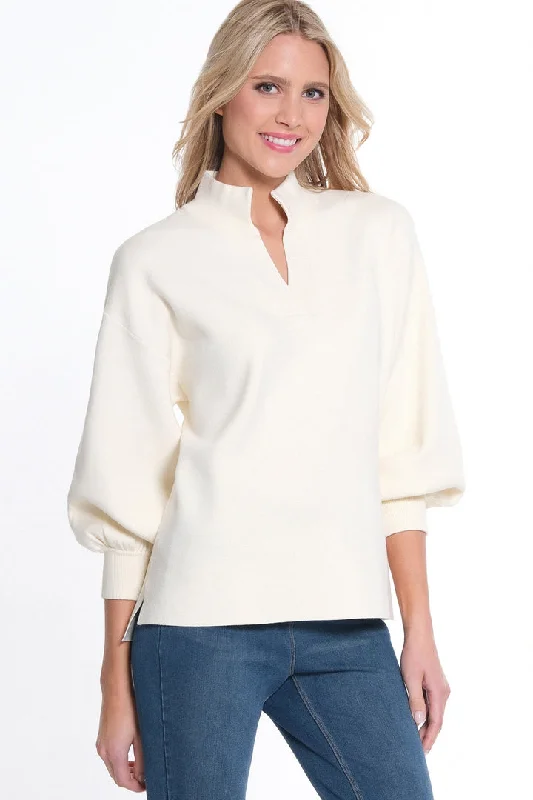 CUFFED 3/4 SLEEVE DROP SHOULDER MOCK NECK SWEATER - WINTER WHITE Neon Metallic Matte CUFFED 3/4 SLEEVE DROP SHOULDER MOCK NECK SWEATER - WINTER WHITE Neon Metallic Matte