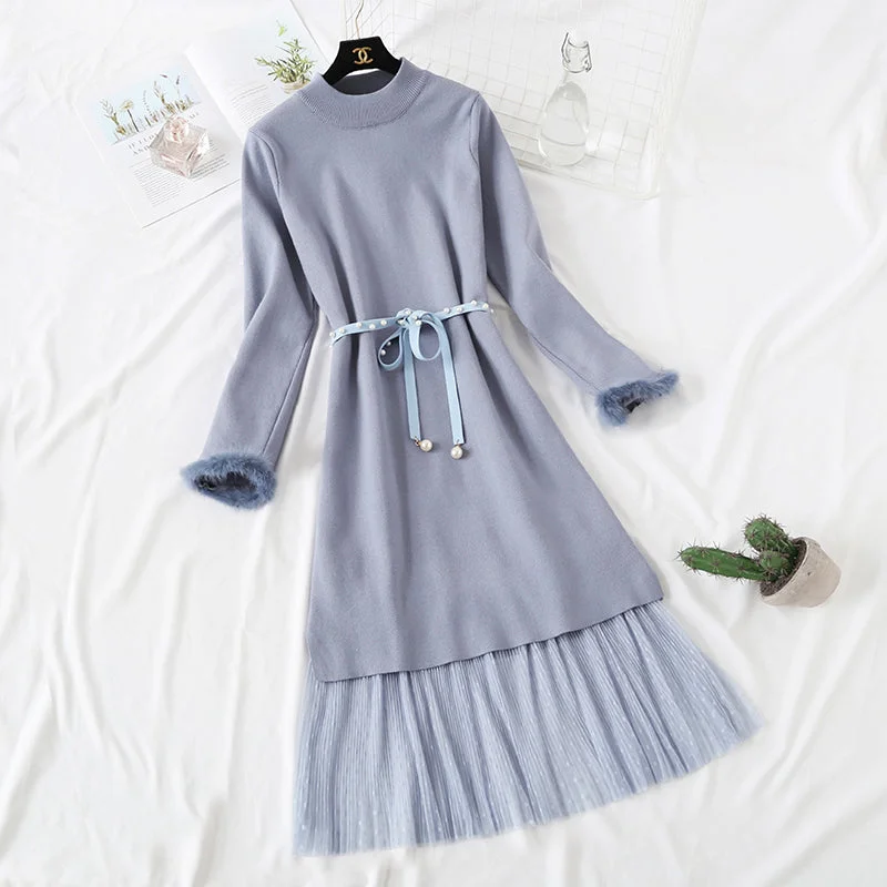 Long skirt over knee sweater knitted dress fashion suit  2472 Glossy Satin Silk