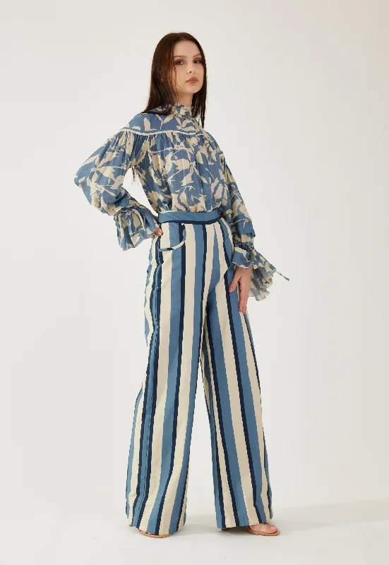 Sky blue, cream and navy stripe pants Casual Drawstring Pants