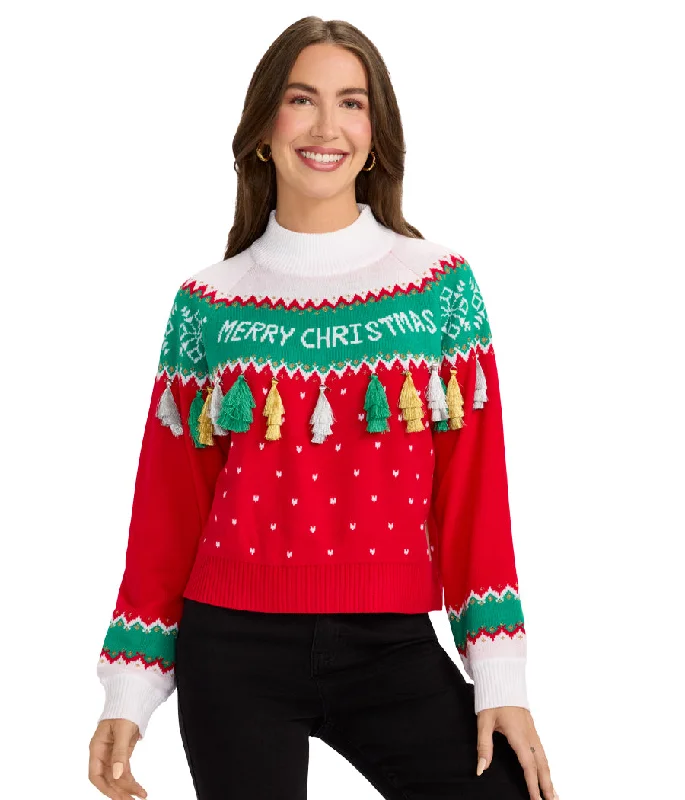 Women's Merry Christmas Tassel Turtleneck Cropped Sweater Solid Print Embellished