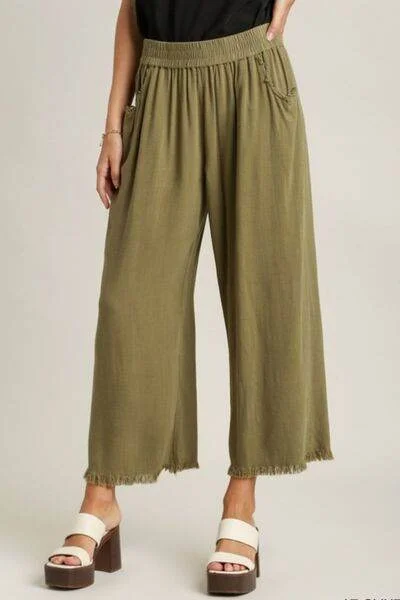Umgee | Linen Blend Elastic Waistband Wide Leg Pants Plus Size Elegant Dress Pants