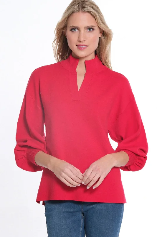 CUFFED 3/4 SLEEVE DROP SHOULDER MOCK NECK SWEATER - VIVID RED Bright Pastel Dark