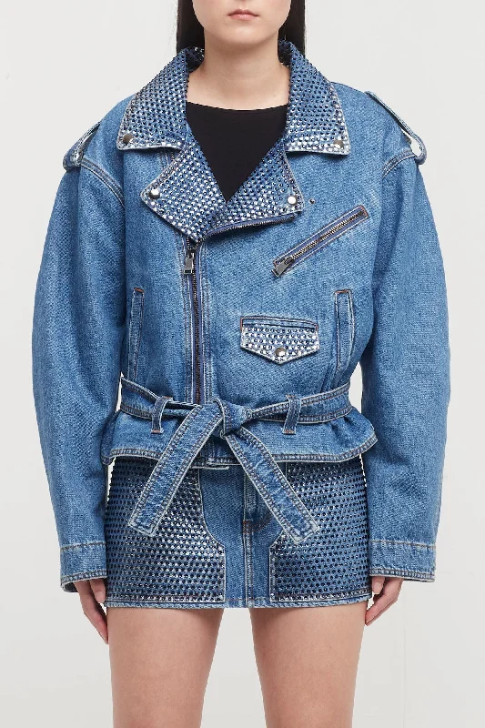 Area Crystal Embellished Moto Jacket Denim Jacket Leather Jacket Suede Jacket