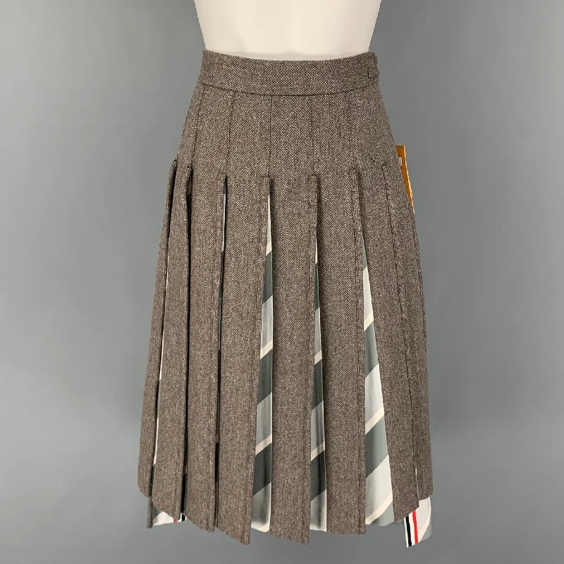 THOM BROWNE Size 2 Brown Grey Lambswool Herringbone Pleated Below Knee Skirt leather skirt sleek