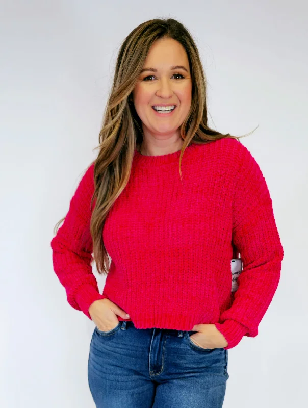CHENILLE ROUND NECK CROP SWEATER - VIVA MAGENTA Casual Formal Business