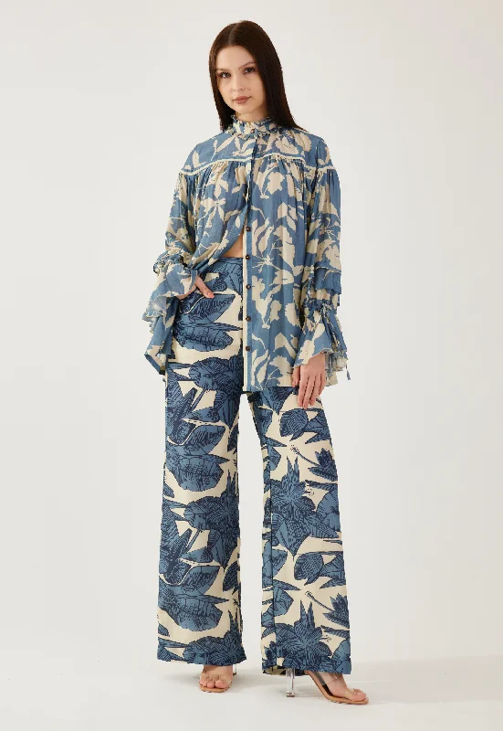Blue and cream floral pants Comfortable Pleated Pants