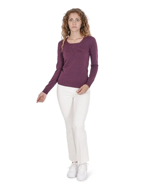 Crown of Edinburgh Cashmere Womens Square Neck Sweater COE 0024 BURGUNDY Solid Print Embellished