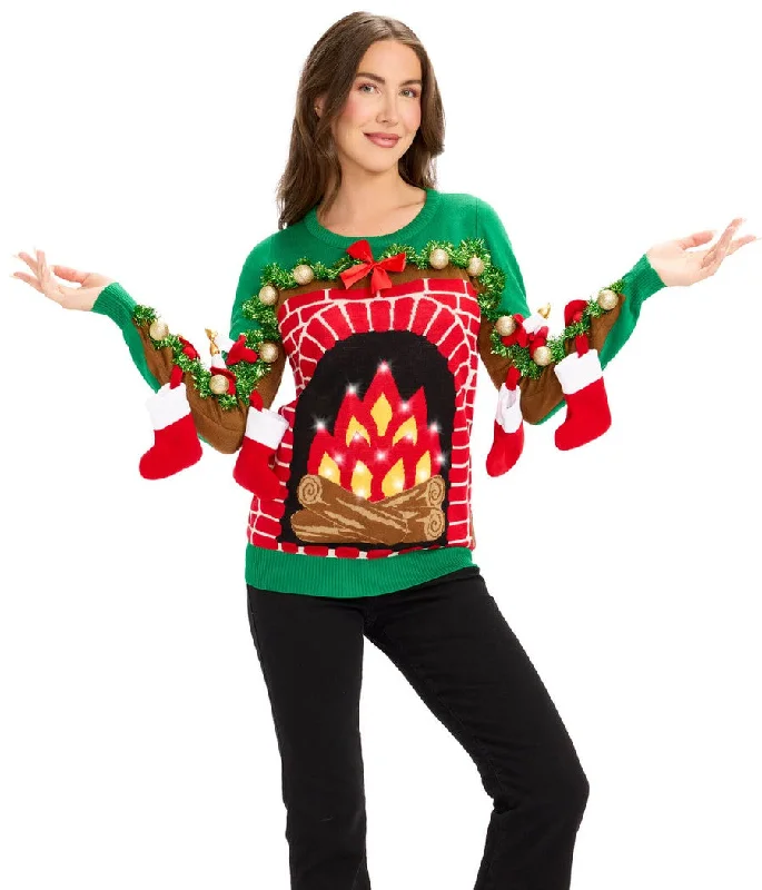 Women's Festive Fireplace Light Up Ugly Christmas Sweater Thin Thick Dense