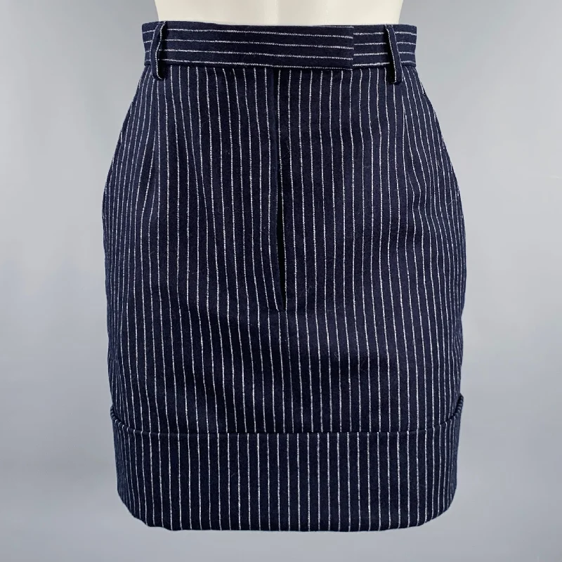 THOM BROWNE Size 0 Navy White Wool Cashmere Pinstripe Cuffed Mini Skirt wool skirt sturdy