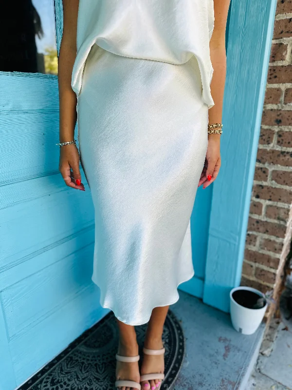 Cara Satin Maxi Skirt- Cream leather skirt sleek