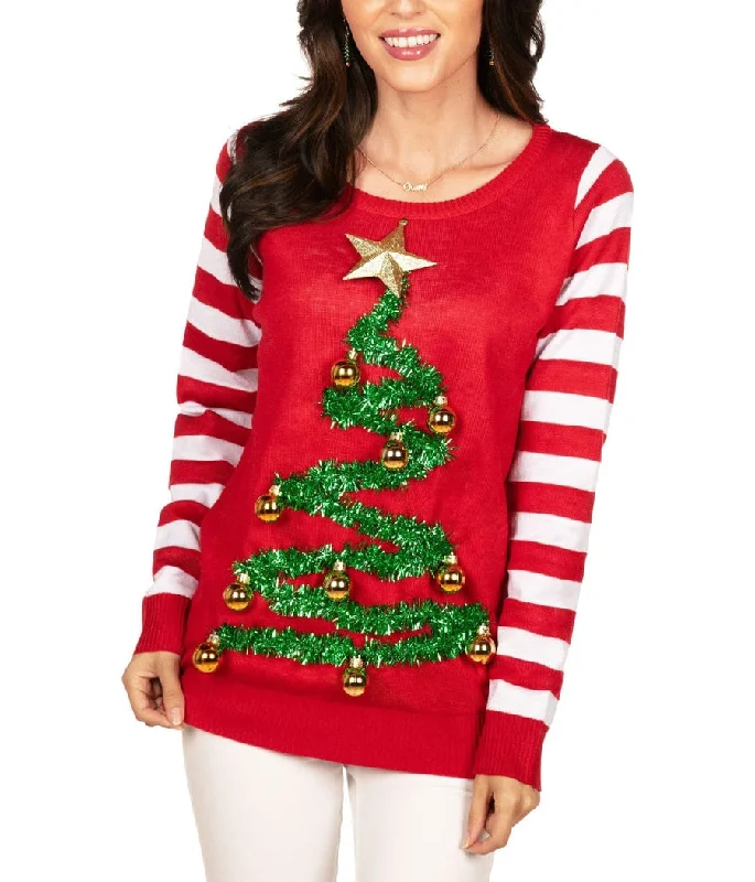 Women's Tinsel Christmas Tree Ugly Christmas Sweater Embroidered Appliqued Beaded