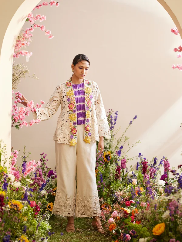 Ivory Cutwork Straight Pants Chic Checkered Pants