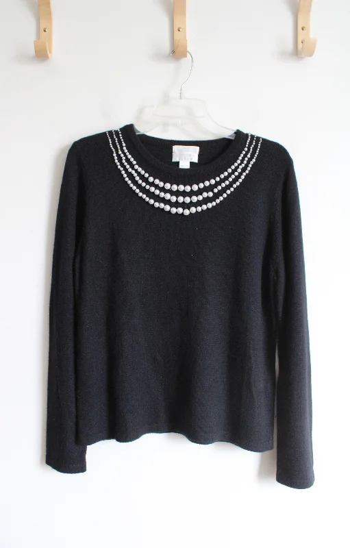 Christopher & Banks Black Pearl Trimmed Silk Blend Sweater | L Solid Color Striped Floral Print Christopher & Banks Black Pearl Trimmed Silk Blend Sweater | L Solid Color Striped Floral Print