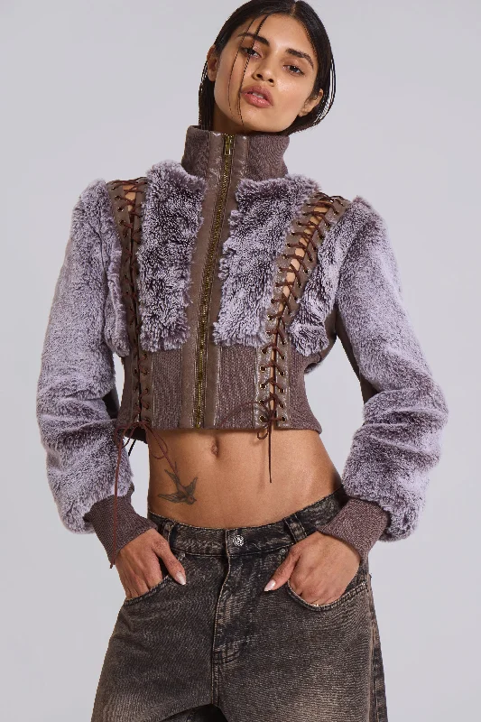Carlotta Faux Fur Lace Up Jacket Oversized Jacket Tailored Jacket Straight Jacket