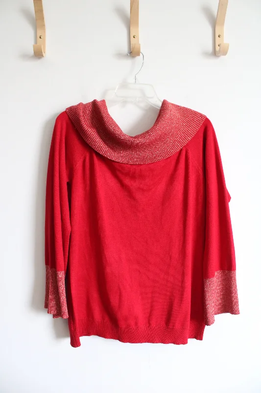 Questions? Red Gold Shimmer Cowl Neck Sweater | L High Neck Crew Neck V-Neck