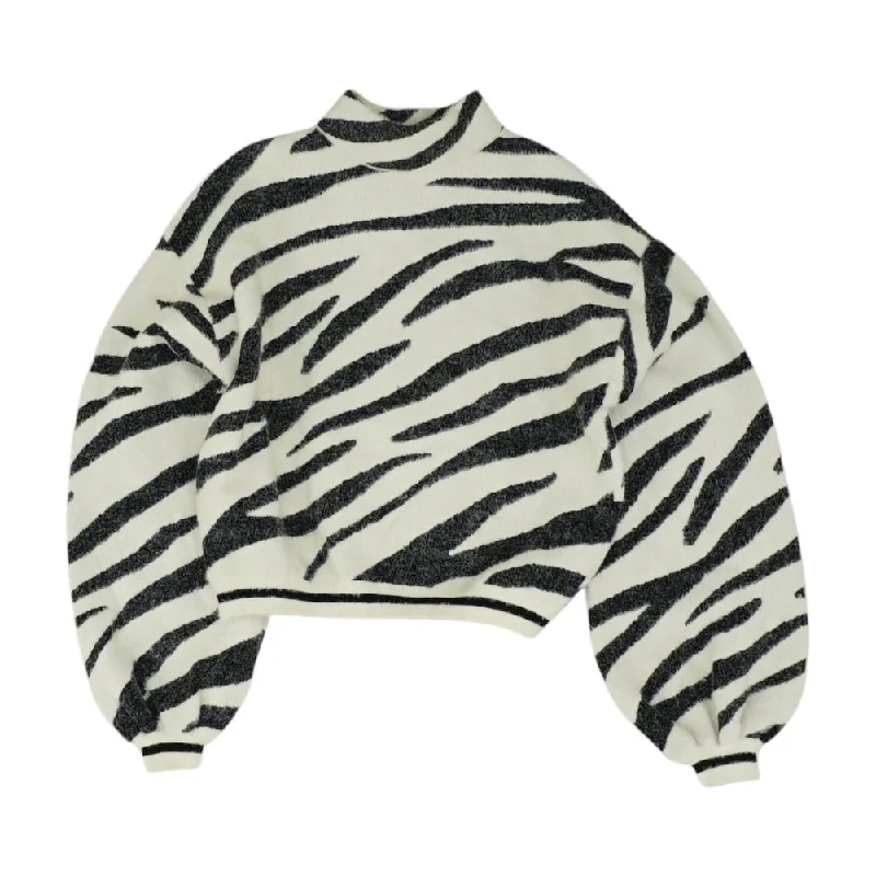 White Animal Print Mockneck Sweater Turtle Neck Boat Neck Asymmetrical Neck