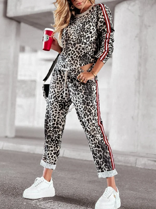 Hazel Blues® |  Leopard Round Neck Long Sleeve Top and Pants Set Comfy High-Waist Jeans
