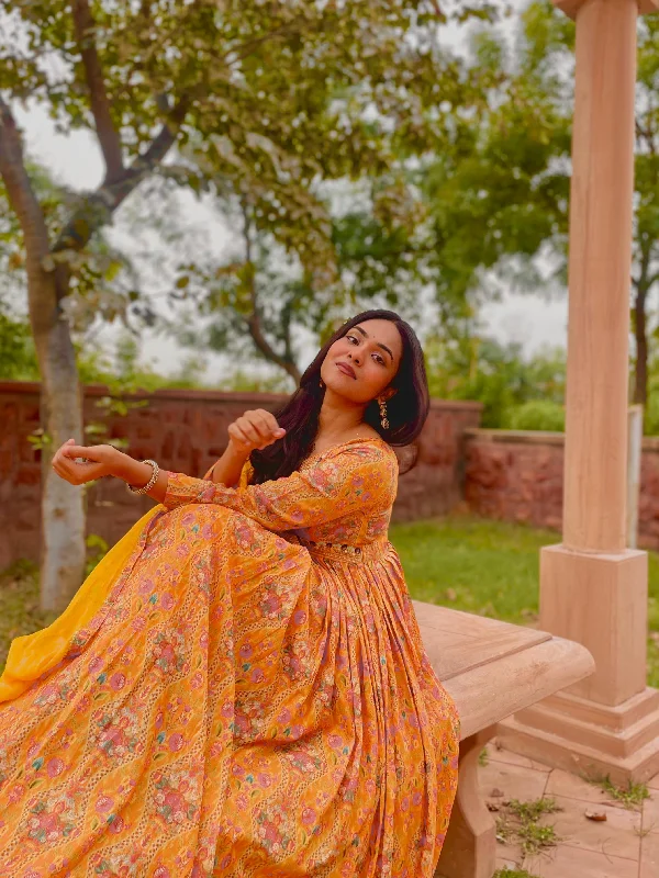 Mustard yellow Rakhi Special Party Wear Alia Cut Anarkali Dress with Dupatta and Pant Comfortable Wide-Leg Pants