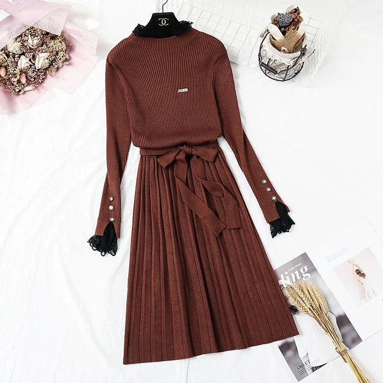 New French retro backing slim lace neck sweater skirt  2362 Glossy Satin Silk