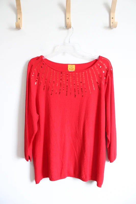 Ruby Rd. Red Sequined Sweater | 2X Cable Knit Ribbed Knit Lace Knit
