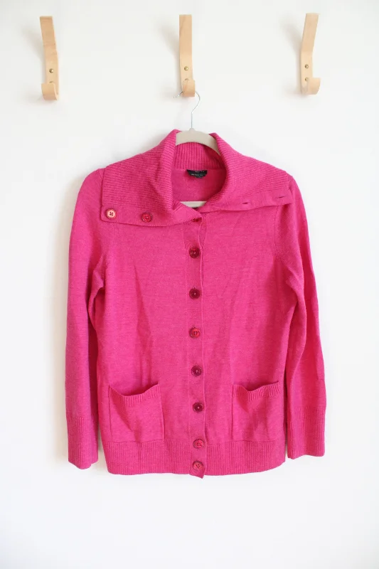 Talbots Pink Collared Button Down Wool Sweater | M Petite Ribbed Striped Patterned