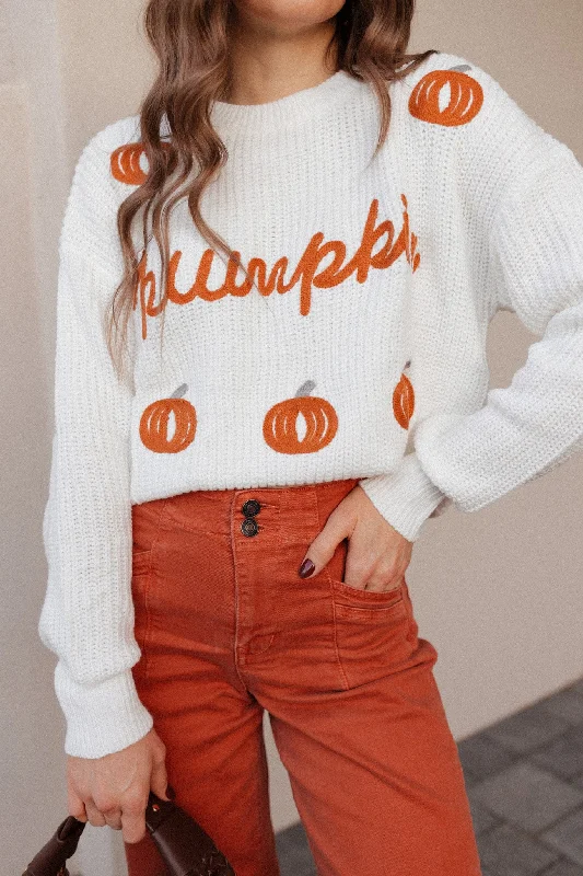 Pumpkin Embroidery Long Sleeve Sweater Ribbed Striped Patterned