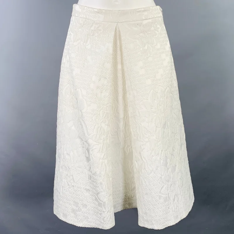 KAREN MILLEN Size 6 White Cotton Blend Floral A-Line Midi Skirt wool skirt warm