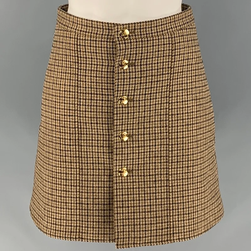 CELINE Size 2 Brown Wool Houndstooth Buttoned Mini Skirt corduroy skirt durable