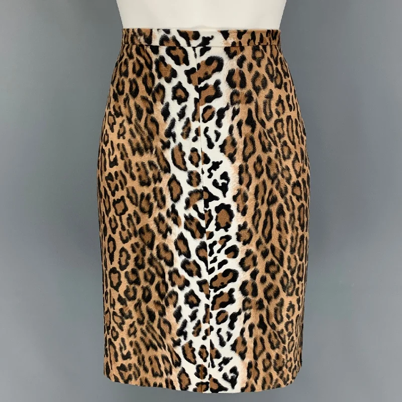 MOSCHINO Size 10 Beige Brown Faux Fur Animal Print Pencil Knee Length Skirt button skirt front