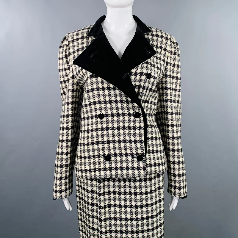 LOUIS FERAUD Size 8 Black Cream Wool Houndstooth Double Breasted Skirt Set pencil skirt chic