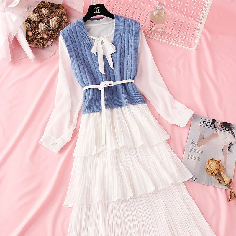 Net red sweater knitted vest chiffon cake skirt two piece suit 2292 Stretchy Elastic Breathable Net red sweater knitted vest chiffon cake skirt two piece suit 2292 Stretchy Elastic Breathable