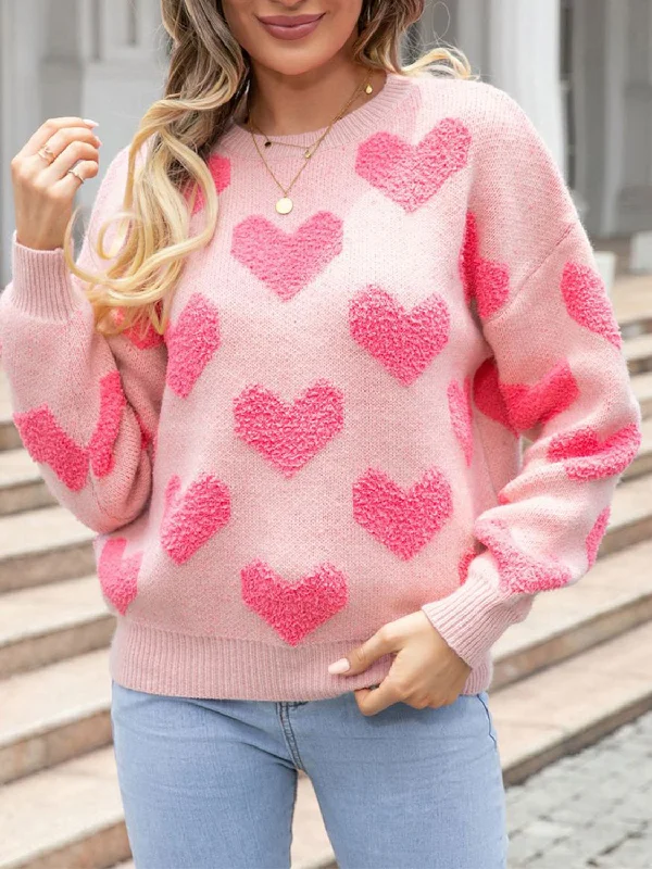 Heart Round Neck Dropped Shoulder Sweater Fitted Loose Oversized