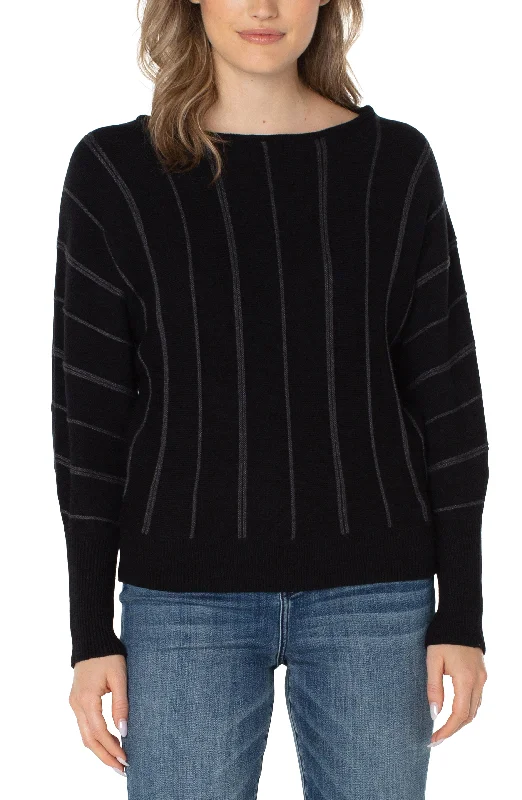LONG SLEEVE STRIPED DOLMAN SWEATER - BLACK Welt Pockets Slit Pockets Flap Pockets