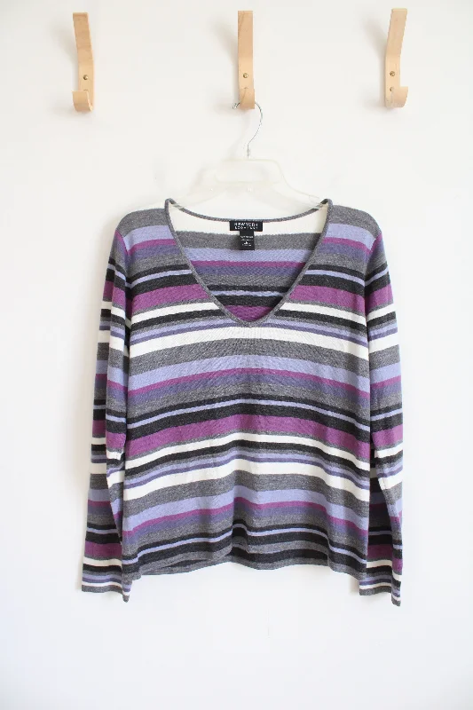 New York & Co. Gray Purple & White Striped V-Neck Sweater | L Rayon Fabric Velvet Fabric Corduroy Fabric New York & Co. Gray Purple & White Striped V-Neck Sweater | L Rayon Fabric Velvet Fabric Corduroy Fabric