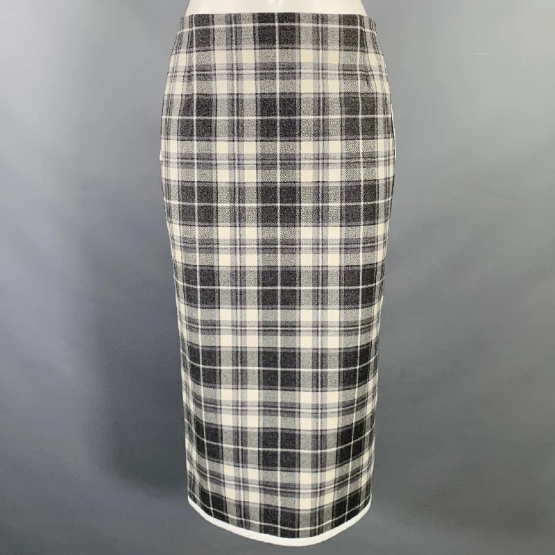THOM BROWNE Size 0 Grey Cream Wool Plaid Pencil Mid-Calf Skirt wool skirt breathable