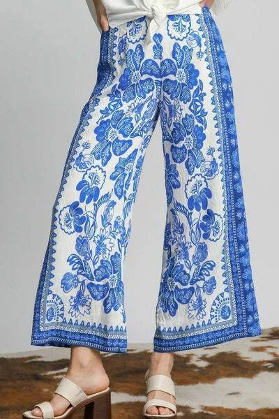 Umgee | Floral Border Print Pants Plus Size Casual Yoga Pants