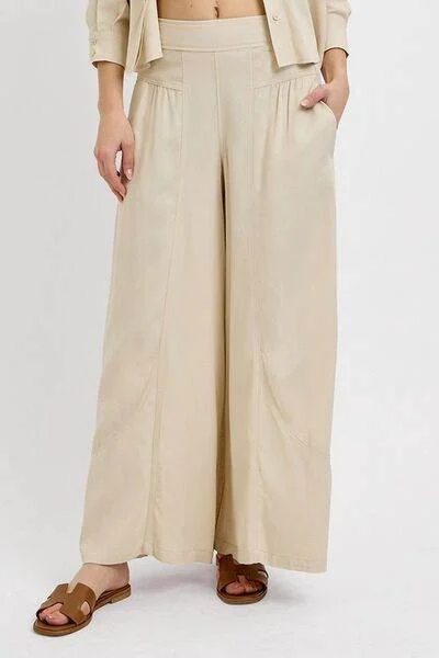 RISEN Shirring Detail Wide Leg Pants Relaxed High-Waist Trousers