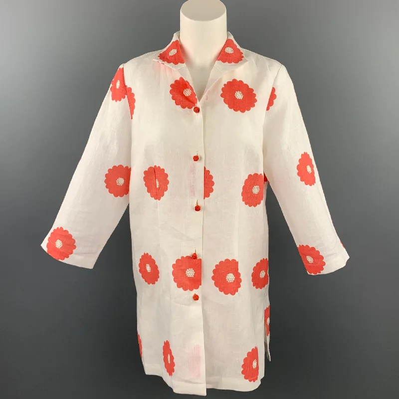 CONNIE ROBERSON Size S White Floral Linen Buttoned Jacket Rayon Fabric Velvet Fabric Corduroy Fabric CONNIE ROBERSON Size S White Floral Linen Buttoned Jacket Rayon Fabric Velvet Fabric Corduroy Fabric